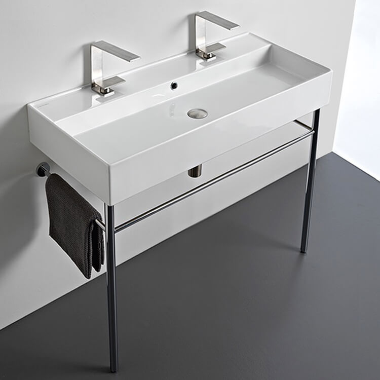 Scarabeo 8031/R-100B-CON Large Double Ceramic Console Sink and Polished Chrome Stand, 40 Inch